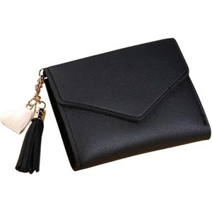 Black Faux Leather Wallet Tassel & Gold Heart Charm Card Slots Bill Compartment